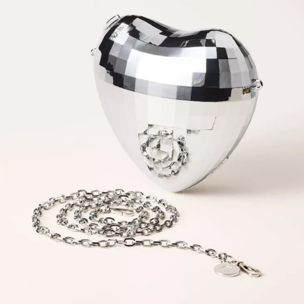 NWT! Kate Spade Silver Disco Ball Heart Clutch with Chain Bag